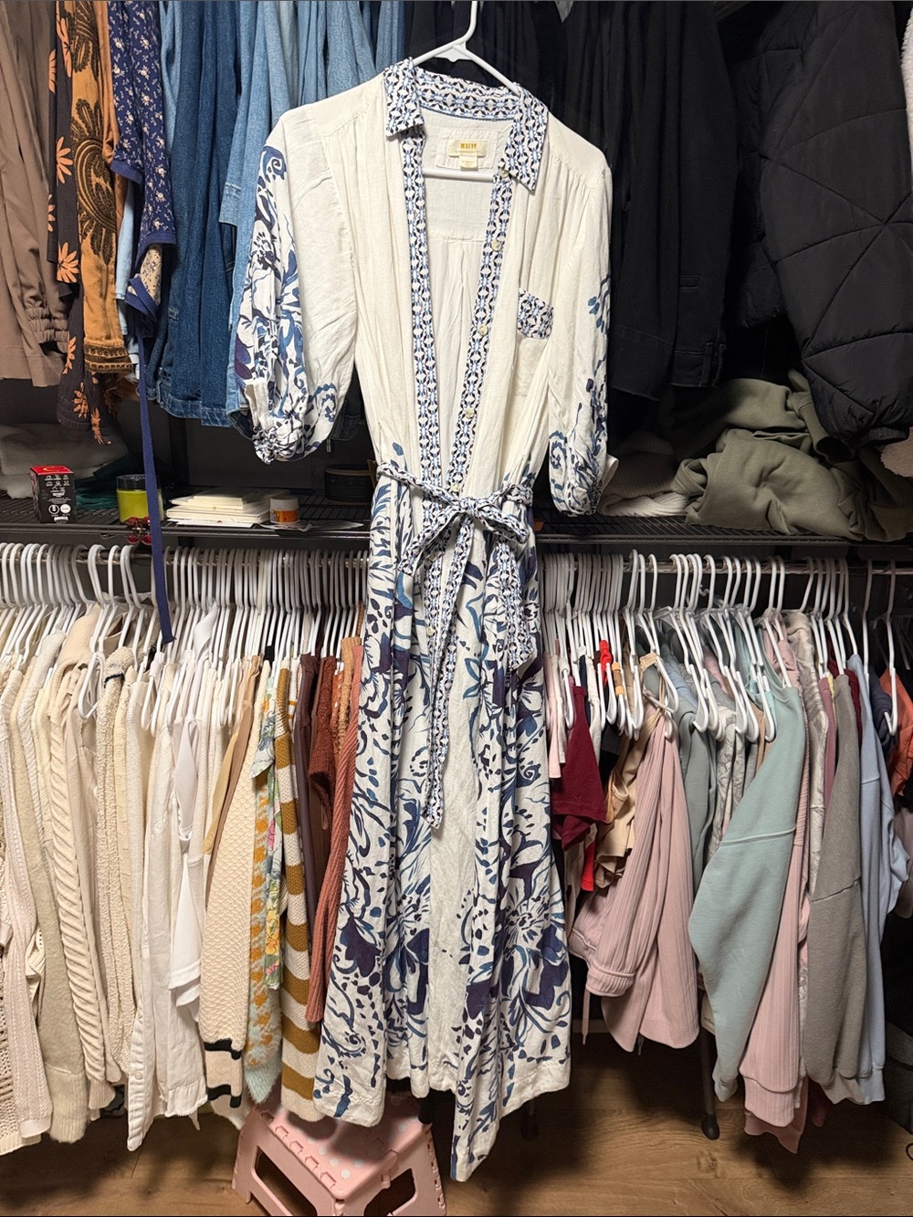 Anthropologie White Maxi Dress with Blue Floral Print
